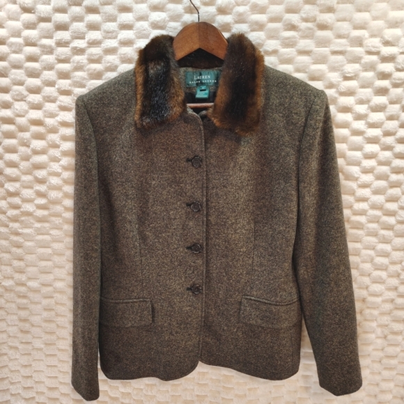 Lauren Ralph Lauren Jackets & Blazers - Lauren Ralph Lauren Women's Brown And Cream Blazer with Brown Faux Fur Collar